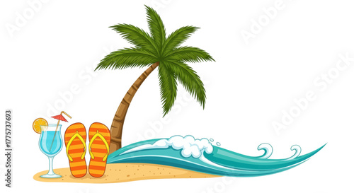 Summer beach vacation with palm tree, flip-flops, cocktail, and ocean waves