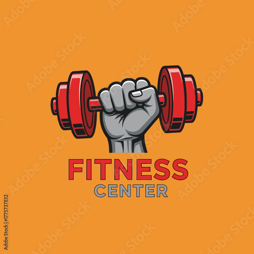 Vibrant Fitness Center Logo Design with Strong Hand and Dumbbell