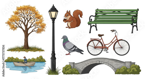Set of park elements including a tree, lamppost, squirrel, bench, bridge, bicycle, and pigeon in a serene outdoor setting, 1760603462024