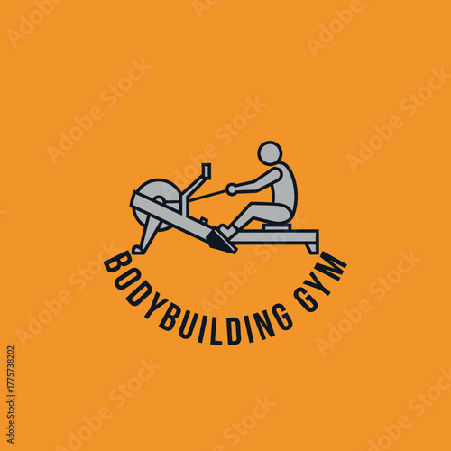 Minimalist Stick Figure Gym Logo on Orange Background with Rowing Machine