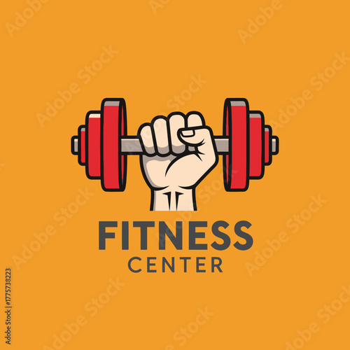 Strong hand gripping a red dumbbell in a fitness center logo design