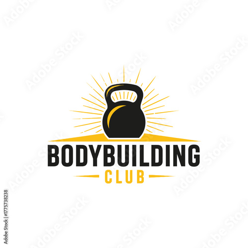 Vibrant bodybuilding club logo with kettlebell and sunburst design