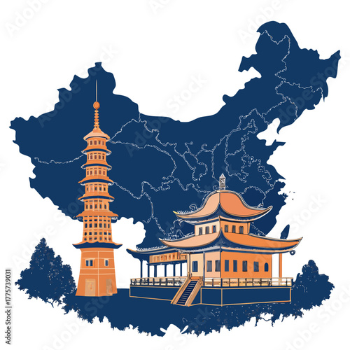 Illustration of Chinese landmarks with map of China in background  