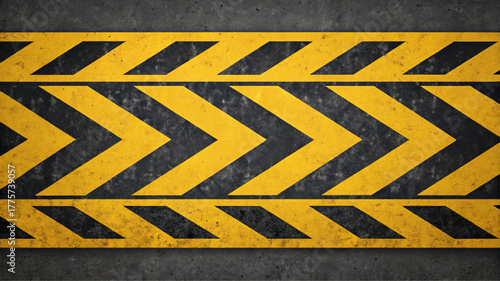 Black and yellow warning tape background with a chevron arrow pattern. Construction safety line or industrial hazard barrier. Grunge texture on a concrete wall.