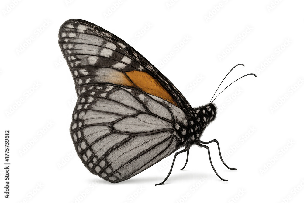 Fototapeta premium Monarch butterfly in flight profile, showing detailed wings and antennae with a transparent background