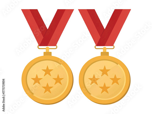 Two gold medals with four stars and red ribbons. Flat design award icon for winner or first place. Champion prize for victory and success. Rating symbol for best quality.