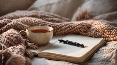 Blank journal with fountain pen and morning tea on cozy blanket