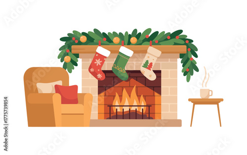 Cozy Christmas fireplace scene with armchair, stockings, and a hot drink on a side table.