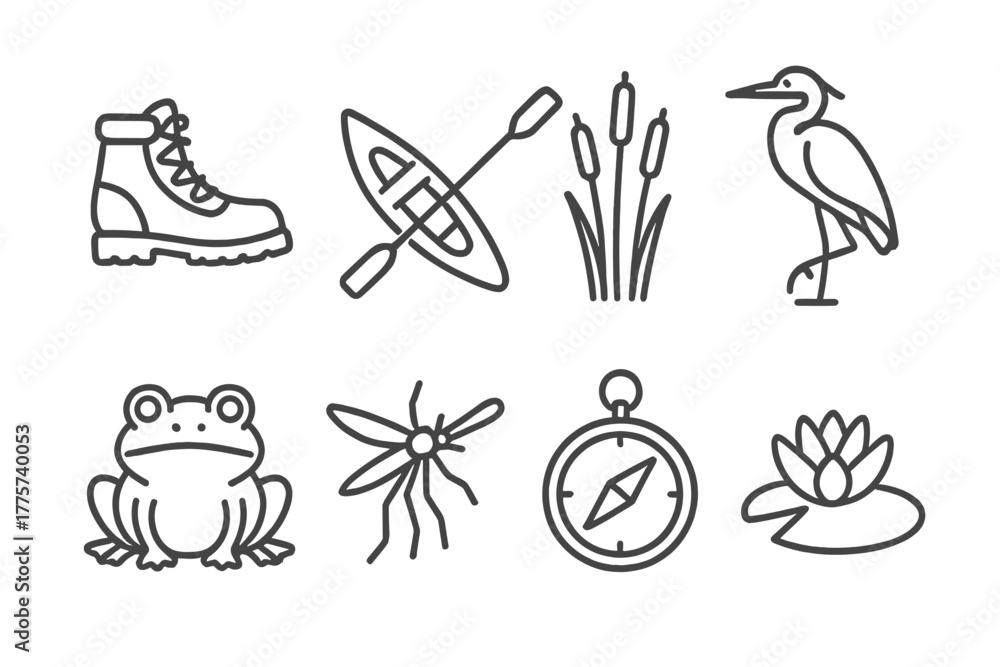 Obraz premium Adventure Marsh Icons. Line style icons of Adventure Marsh: Hiking Boots, Canoe, Reeds, Heron, Frog, Mosquito, Compass, Water Lily