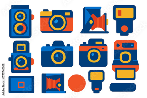 Colorful Camera Icons. Flat vector icons of Film Cameras: twin-lens reflex, rangefinder, folding camera, box camera, medium format