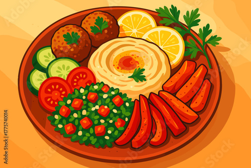 Mediterranean Cuisine Delight. Vibrant plate of Mediterranean cuisine garnished with fresh herbs and lemon slices, illuminated by