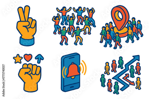Flash Mob Coordination. Isometric vector illustration set Social coordination in flash mobs: hand signal coordination,