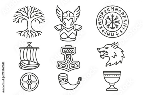 Nordic Mythology Icons. Line style icons of Nordic Myth: Yggdrasil Roots, Valkyrie Armor, Rune Circle, Longship Mast, Thor’s