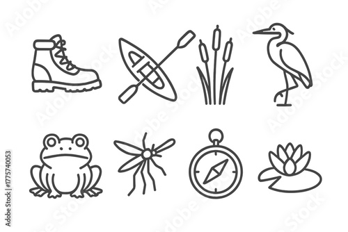 Adventure Marsh Icons. Line style icons of Adventure Marsh: Hiking Boots, Canoe, Reeds, Heron, Frog, Mosquito, Compass, Water Lily