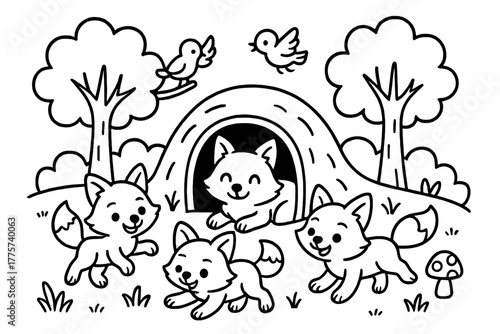 Playful Fox Cubs. Happy fox den with playful cubs outside, surrounded by trees, birds, and mushrooms, black and white line art,