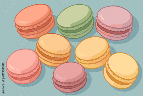 Colorful Macarons Display. Close-up of colorful macarons vector illustration neatly arranged on a textured blue background, soft