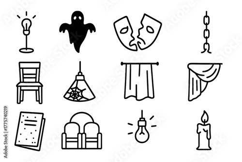 Eerie Theater Icons. Line style icons of eerie theater: ghost light, shadow figure, broken mask, cracked floor; empty chair,