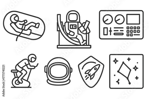 Astronaut Training Icons. Line style icons of Astronaut Training: Zero-G Simulator, Centrifuge, Spacesuit, Control Panel, Exercise