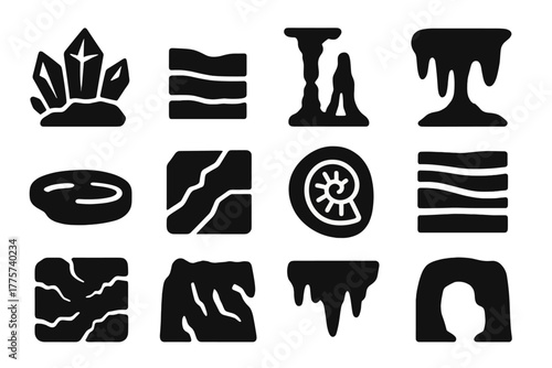 Geological Formation Icons. Solid style icons of Geological formations: crystal cluster, limestone layer, cave column, flowstone,