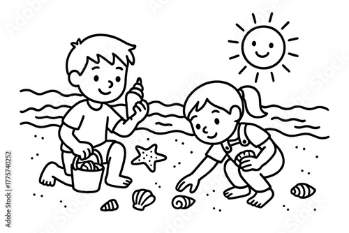 Kids Collecting Seashells. Curious kids collecting seashells along the shore with starfish, waves, and smiling sun, black and