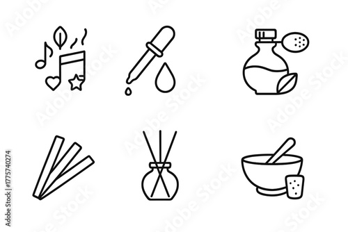 Perfumery Line Icons. Line style icons of Perfumery: Notes of Fragrance, Pipette, Essential Oil, Scent Bottle, Tester Strips,