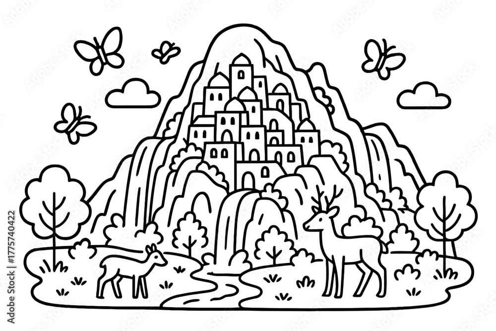 Fototapeta premium Mountain City Coloring. Curious city carved into a mountain with waterfalls, deer, and butterflies flying around, black and white