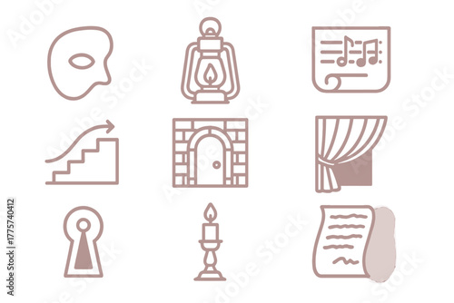 Theatrical Mystery Icons. Line style icons of theatrical mystery: phantom mask, lantern, music score, pipe organ; dusty rose,