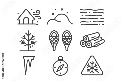 Blizzard Survival Icons. Line style icons of Blizzard Survival: Shelter, Snowdrift, Whiteout, Frozen Tree, Snowshoes, Firewood,