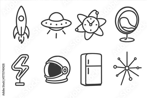 Atomic Age Icons. Line style icons of Atomic Age: Rocket Ship, Flying Saucer, Atomic Clock, Bubble Chair, Neon Sign, Space Helmet,