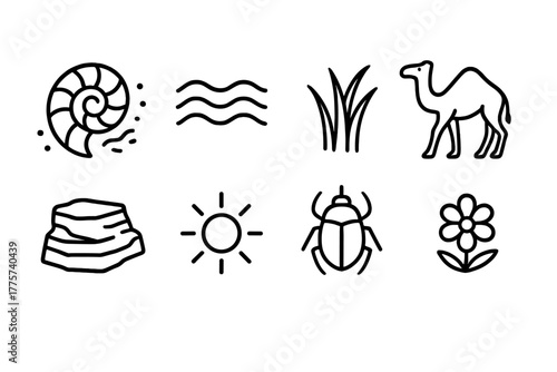 Ancient Dune Icons. Line style icons of Ancient Dune: Fossil, Ripple Pattern, Dune Grass, Camel, Sandstone Rock, Sun, Scarab