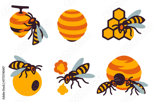 Wasp Nest Construction. Isometric vector illustration set Social wasp nest construction: nest formation, chewed fiber layers,