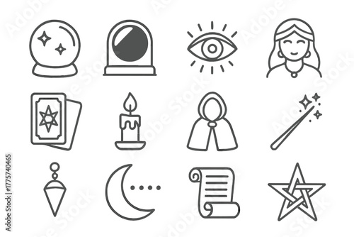 Occult Instrument Icons. Line style icons of Occult Instruments: Crystal Ball, Black Reflector, Vision, Fortune Teller; Tarot Deck