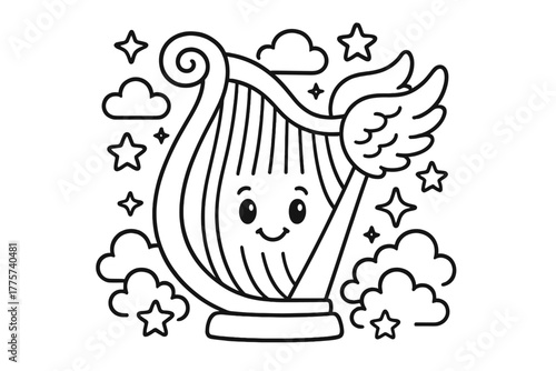 Magical Harp Illustration. Magical harp with flowing strings surrounded by stars, clouds, and angel wings smiling, black and white