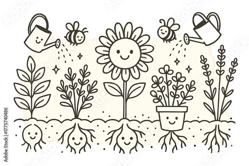 Whimsical Plant Paradise. Adorable doodle herbal garden with smiling plants, roots with faces peeking from the soil, buzzing happy