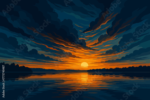 Golden Sunset Over Lake. Moody sky glowing with dramatic golden vector illustration and blue tones during sunset over a serene