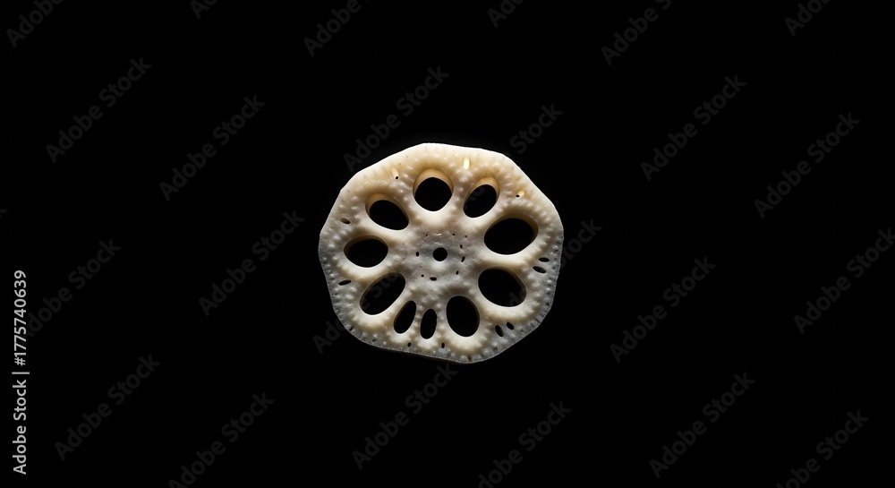 Obraz premium Isolated Texture of Root Vegetable Lotus with Unique Hole Arrangement on Black
