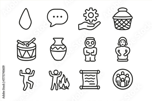 Cultural Line Icons. Line style icons of Cultural Studies: Hand Axe, Speech Symbol, Learned Skill, Tradition Object; Basket, Drum,
