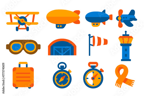 Vintage Aviation Icons. Flat vector icons of Golden Age of Flight: biplane, dirigible, airship, propeller plane, pilot goggles,