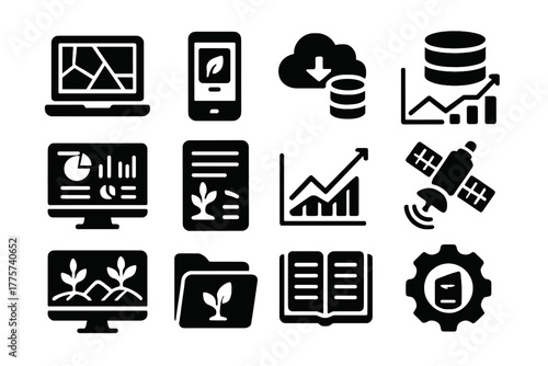 Farm Data Icon Set. Solid style icons of farm data management: laptop with field map, tablet app, cloud storage, database chart,