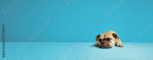 Bulldog resting head down on blue background experiencing sadness and loneliness