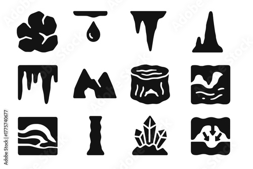 Cave Formation Icons. Solid style icons of cave formation processes: limestone rock, dripping water, stalactite, stalagmite,