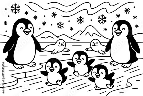 Penguin Family Adventure. Happy penguin parents with chicks sliding on ice with seals, snowflakes, and northern lights above,