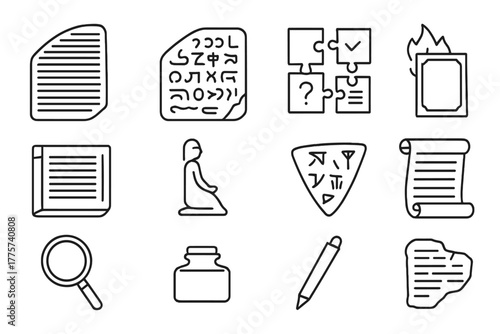 Ancient Script Icons. Line style icons of Ancient Scripts: Rosetta Stone, Undeciphered Script, Linguistic Puzzle, Cultural Loss;