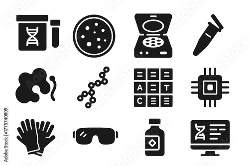 Biotech Research Icons. Solid style icons of biotechnology research: DNA extraction kit, bacterial culture plate, centrifuge