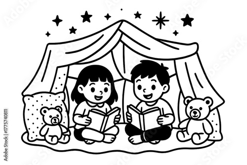 Magical Pillow Fort. Magical pillow fort indoors with children reading books, teddy bears, and glowing stars above, black and