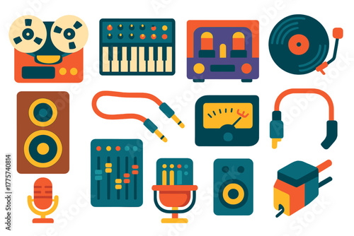 Vintage Audio Icons. Flat vector icons of Vintage Audio Gear: reel-to-reel recorder, analog synthesizer, cassette deck, tube amp,
