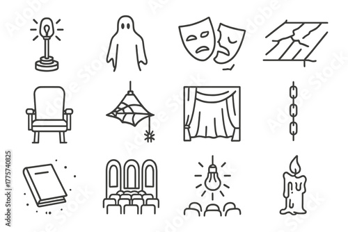 Eerie Theater Icons. Line style icons of eerie theater: ghost light, shadow figure, broken mask, cracked floor; empty chair,