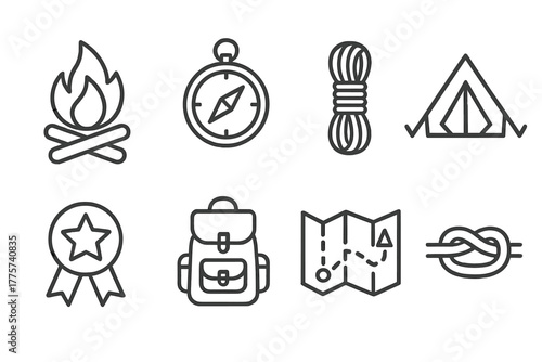 Scout Camp Icons. Line style icons of Scout Camp: Campfire, Compass, Rope Coil, Tent, Merit Badge, Backpack, Map, Knot, No text,