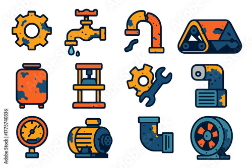 Forgotten Machinery Icons. Flat vector icons of Forgotten Machinery: old gear, leaking valve, rusted pipe, conveyor roller,