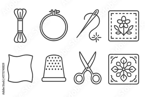 Embroidery Line Icons. Line style icons of Embroidery: Floss, Hoop, Needle, Sampler, Fabric, Thimble, Embroidery Scissors, Pattern